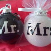 Personalized Glass Glittered Ornaments 4&quot; Wedding Bridel His Hers Mr. & Mrs Christmas Gift