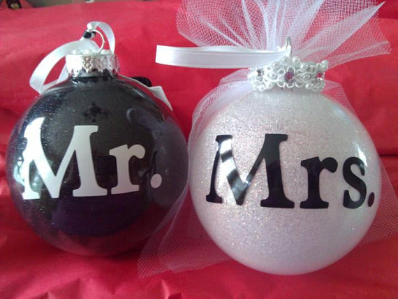 Personalized Glass Glittered Ornaments 4" Wedding Bridel His Hers Mr. & Mrs Christmas Gift